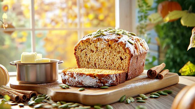 Homemade pumpkin bread with seeds and butter in cozy autumn setting