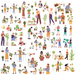flat illustration people taking care plants