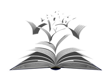 PNG. Trasparente. Pagine di libro volano verso  l'infinito staccandosi dal volume.