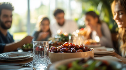 Fototapeta premium Muslim family eating dates during iftar at the dining table. Close-up of dates with family in the background.