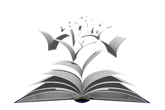 PNG. Trasparente. Pagine di libro volano verso  l'infinito staccandosi dal volume.