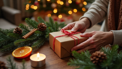A person with light brown hair wraps a gift box with a red ribbon. The scene includes pine branches, a candle, and orange slices, creating a festive atmosphere.