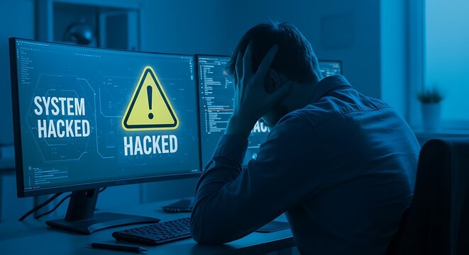 Man in despair as computer system hacked with warning message