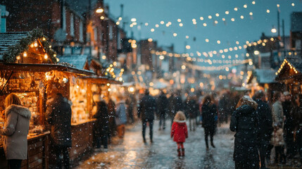 A festive winter market scene with twinkling lights and snow. People stroll among decorated stalls. A child in a red coat walks in the foreground.