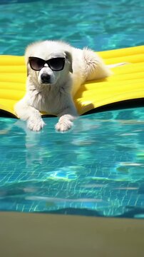 Poolside Pup's Cool Pose: A stylish white dog with sunglasses enjoys a relaxing moment floating on a yellow air mattress in a clear blue swimming pool, embodying carefree summer vibes.