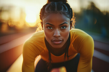 Female sprinter prepares to launch from the starting block at sunset during a track and field event