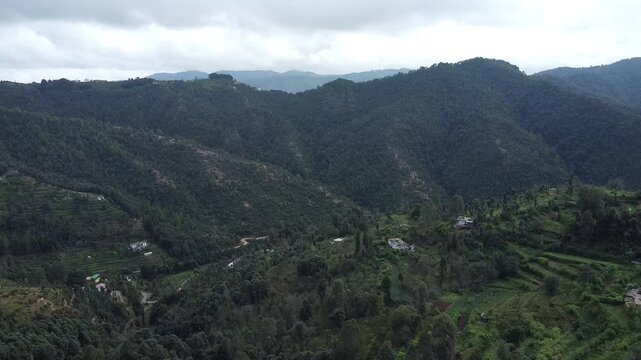 An aerial footage of the terrace farming  fields of Mukteshwar at Uttarakhand