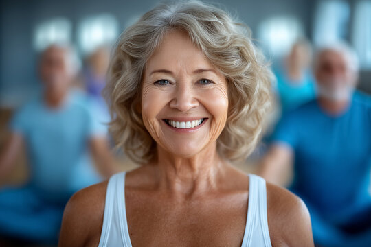Elderly woman smiling directly at camera while engaging in yoga with others. Bright and serene studio atmosphere promotes relaxation and mindfulness. Concept of fitness, wellness, yoga practice