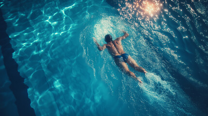 Swimmer dives into clear blue pool water from above capturing the excitement of aquatic sports during bright daylight