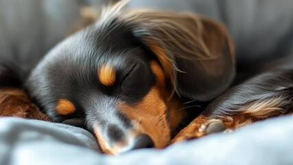 A black and brown dog resting peacefully on a bed, great for pet or home related imagery