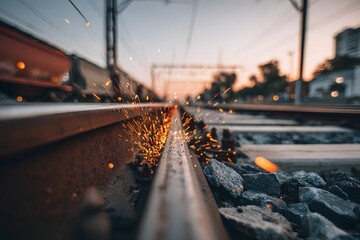 Railway Tracks Stretching Towards Distant Urban Horizon