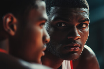 Teammates exchanging a determined look during a tense moment in a basketball practice session in an indoor gym at dusk