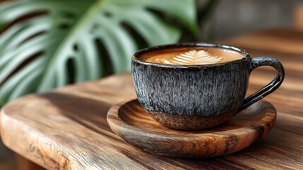 Latte Art in Textured Ceramic Cup on Wooden Table with Tropical Leaf Backdrop