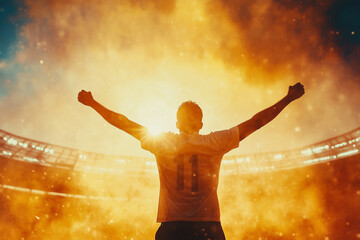 Celebrating victory, player raises arms to crowd in vibrant stadium atmosphere during championship match