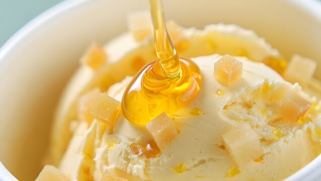 Delicious vanilla ice cream with honey drizzle and candied fruit pieces in a white bowl
