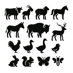 Obraz premium Large collection of animal silhouettes. Includes farm animals, wildlife, and insects like cow, deer, chicken, and bee. Vector icon set