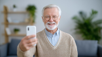 Elderly man smiling while taking selfie with smartphone. Cozy living room setting with plants and soft furnishings. Concept of social connection, technology, aging gracefully