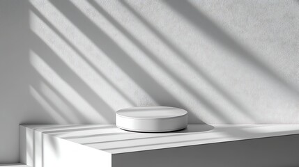 Minimalist White Podium: Geometric Shadows on Textured Wall