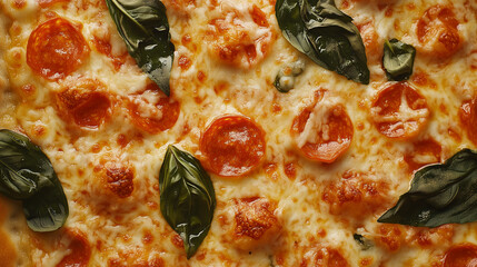 Pizza with basil close-up. Pizza background image. Used for menu and banner. High quality photo.