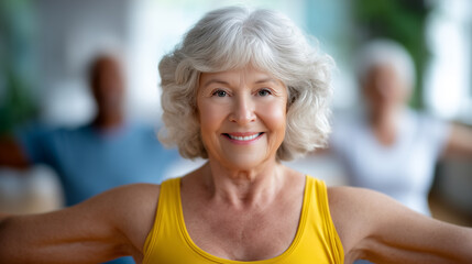 Senior woman smiles while stretching during yoga class with peers at modern fitness studio. Bright and inviting atmosphere enhances wellness and positivity. Concept of health, fitness, mindfulness