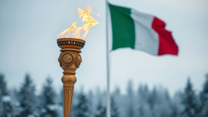 Olympic golden torch glowing against blurred Italian flag, illuminating snowy winter mountainscape