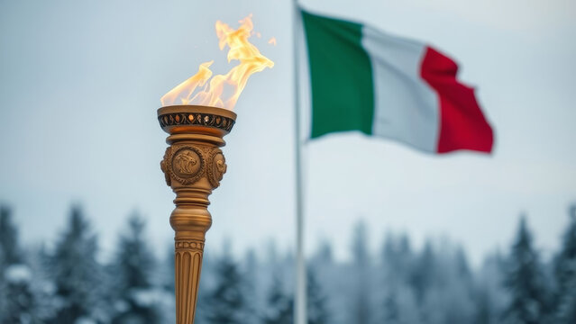 Olympic golden torch glowing against blurred Italian flag, illuminating snowy winter mountainscape