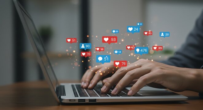 Person using laptop with social media notifications popping up