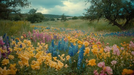 A vibrant meadow bursting with colorful wildflowers.