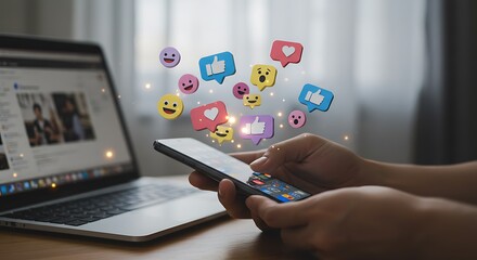 Person using smartphone with social media icons and laptop