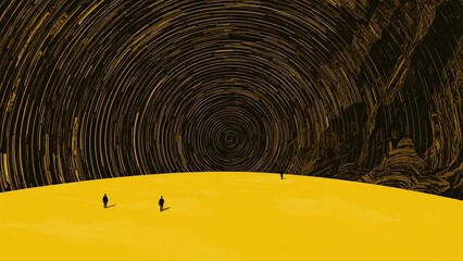 Three figures on yellow ground with star trails and dark textured background in surreal landscape