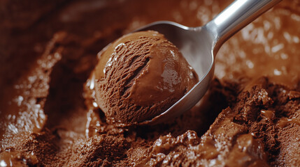 Stainless steel ice cream scoop scoops up chocolate flavored ice cream.