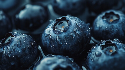 Water drops on ripe sweet blueberry. Fresh blueberries background with copy space for your text. Vegan and vegetarian concept. Macro texture of blueberry berries.Texture blueberry berries close up.