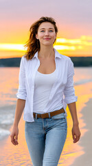 A young woman in casual white shirt and jeans walks confidently along a beach at sunset, with a serene expression and soft waves in the background.