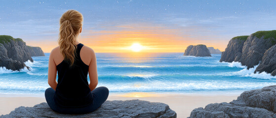 A woman sits on a rocky shore, meditating while watching a serene sunset over the ocean with waves gently crashing and distant cliffs framing the horizon.