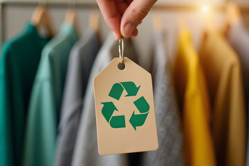high definition, detailed, photorealistic, woman's hand holding recycling symbol tag on clothing rack, warm lighting, shallow depth of field, environmental shot, consumerism,