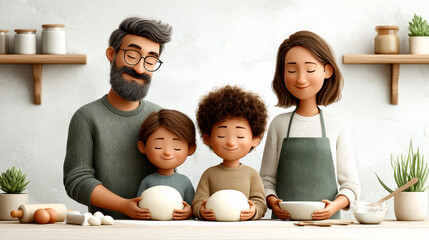 A happy family of four with closed eyes enjoys baking together, holding dough on a kitchen counter filled with baking ingredients and utensils.