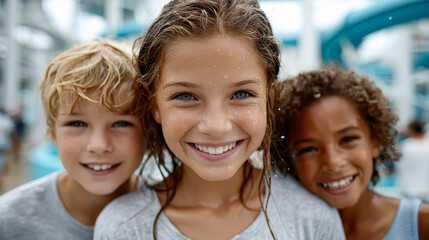 Three smiling children with wet hair stand close together, enjoying a fun day at a water park.