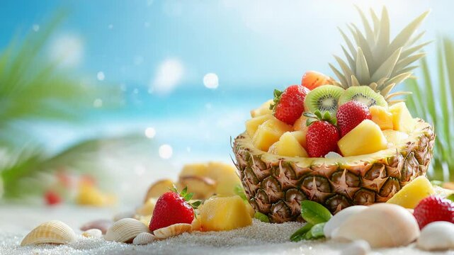 Tropical fruit salad in pineapple on sunny beach background