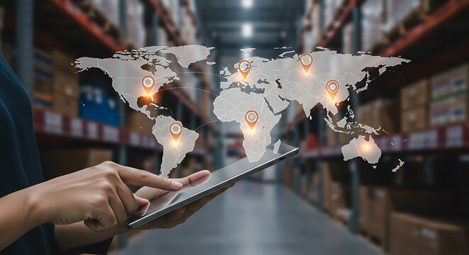 Modern Global Supply Chain Management Network with Digital Tablet and Warehouse