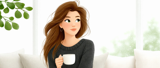 A woman with flowing brown hair sits on a couch holding a white cup, looking thoughtfully out a window framed by green leaves.