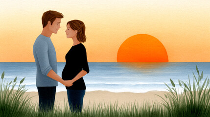 A couple stands close, holding hands by the ocean at sunset, sharing a tender moment with the woman visibly pregnant.