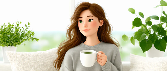 Woman with long brown hair sits on a couch, holding a white mug, surrounded by green plants in a bright, cozy indoor setting.