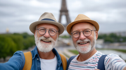 Two elderly men smiling while taking a selfie in front of Eiffel Tower. Cloudy atmosphere sets a cheerful mood in Paris. Concept of travel, friendship, senior adventures
