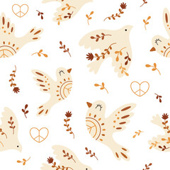 Retro peace doves seamless pattern with boho floral elements. 60s, 70s vibe, hippie, vintage background
