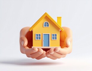 Safe Hands Holding a Yellow Little House 3D Render.