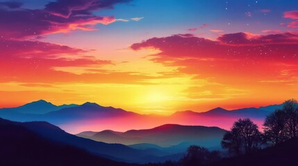 A vibrant sunset over mountains, showcasing a gradient of colors in the sky.