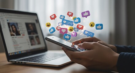 Social media engagement using phone near laptop on wooden desk