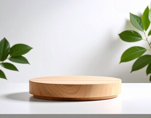 Natural Wooden Display Stand with Green Leaves for Product Presentation.