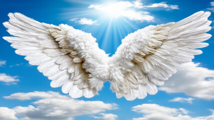 A pair of white angel wings floating in a beautiful blue sky with the sun shining, symbolizing spirituality and freedom.