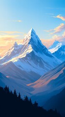 Snow-capped mountains in the early light of day.
